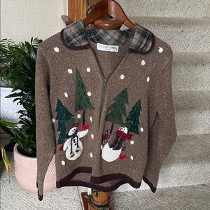 Vintage Victoria Jones Petite Wool Blend Cardigan Snowman Holiday Christmas